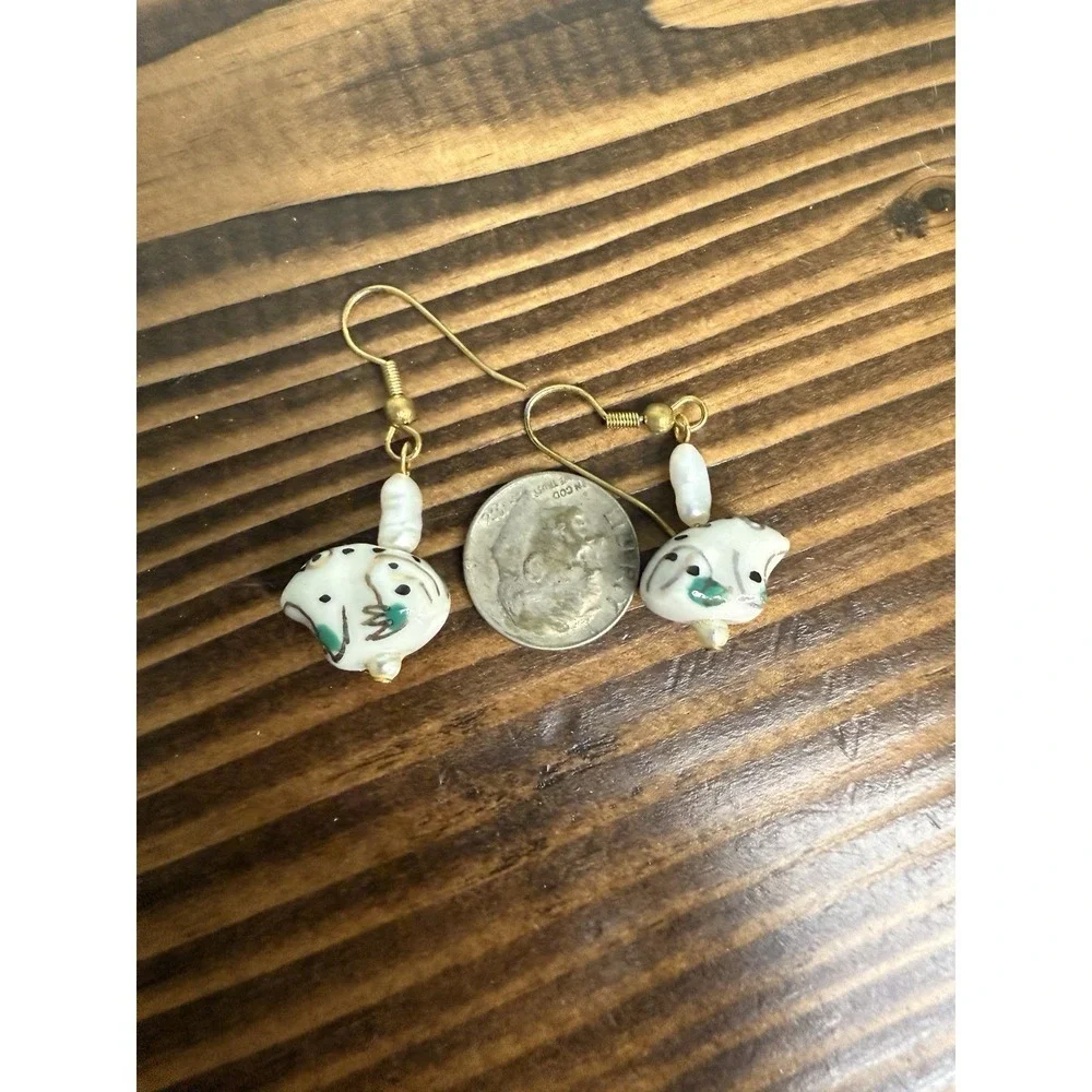Vintage Ceramic Frog Hand Painted Dangle Drop Pierced Earrings